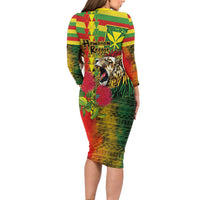 Hawaiian Reggae Long Sleeve Bodycon Dress Kakau Art Motifs with Ohia Lehua and Rastafari Lion - Polynesian Pride