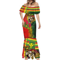 Hawaiian Reggae Mermaid Dress Kakau Art Motifs with Ohia Lehua and Rastafari Lion - Polynesian Pride