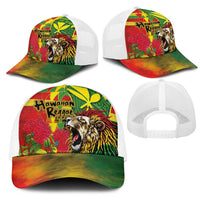 Hawaiian Reggae Mesh Trucker Cap Kakau Art Motifs with Ohia Lehua and Rastafari Lion LT03 - Polynesian Pride