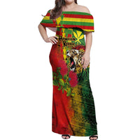 Hawaiian Reggae Off Shoulder Maxi Dress Kakau Art Motifs with Ohia Lehua and Rastafari Lion - Polynesian Pride