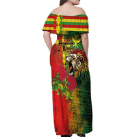 Hawaiian Reggae Off Shoulder Maxi Dress Kakau Art Motifs with Ohia Lehua and Rastafari Lion - Polynesian Pride
