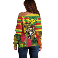 Hawaiian Reggae Off Shoulder Sweater Kakau Art Motifs with Ohia Lehua and Rastafari Lion - Polynesian Pride