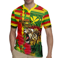 Hawaiian Reggae Rugby Jersey Kakau Art Motifs with Ohia Lehua and Rastafari Lion - Polynesian Pride