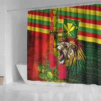 Hawaiian Reggae Shower Curtain Kakau Art Motifs with Ohia Lehua and Rastafari Lion - Polynesian Pride