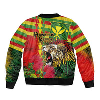 Hawaiian Reggae Sleeve Zip Bomber Jacket Kakau Art Motifs with Ohia Lehua and Rastafari Lion - Polynesian Pride