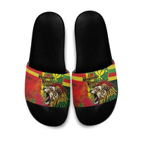 Hawaiian Reggae Slide Sandals Kakau Art Motifs with Ohia Lehua and Rastafari Lion - Polynesian Pride