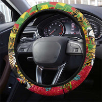Hawaiian Reggae Steering Wheel Cover Kakau Art Motifs with Ohia Lehua and Rastafari Lion - Polynesian Pride