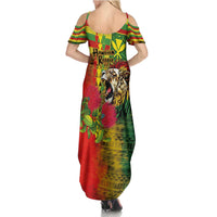 Hawaiian Reggae Summer Maxi Dress Kakau Art Motifs with Ohia Lehua and Rastafari Lion - Polynesian Pride