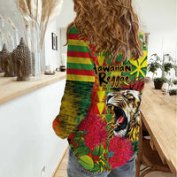 Hawaiian Reggae Women Casual Shirt Kakau Art Motifs with Ohia Lehua and Rastafari Lion - Polynesian Pride