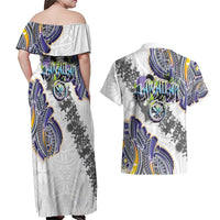 Traditional Art Hawaiian Kakau Tattoos Couples Matching Off Shoulder Maxi Dress and Hawaiian Shirt Graffiti Style - Polynesian Pride