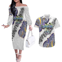 Traditional Art Hawaiian Kakau Tattoos Couples Matching Off The Shoulder Long Sleeve Dress and Hawaiian Shirt Graffiti Style - Polynesian Pride