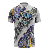 Traditional Art Hawaiian Kakau Tattoos Zipper Polo Shirt Graffiti Style LT03 White - Polynesian Pride