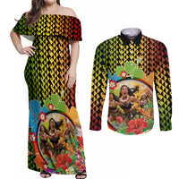 Hawaii Womens Day Wahine Couples Matching Off Shoulder Maxi Dress and Long Sleeve Button Shirt Strong Beautiful Woman with Kakau Style LT03 Red - Polynesian Pride