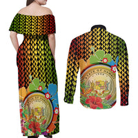 Hawaii Womens Day Wahine Couples Matching Off Shoulder Maxi Dress and Long Sleeve Button Shirt Strong Beautiful Woman with Kakau Style LT03 - Polynesian Pride
