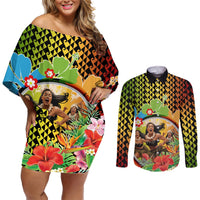 Hawaii Womens Day Wahine Couples Matching Off Shoulder Short Dress and Long Sleeve Button Shirt Strong Beautiful Woman with Kakau Style LT03 Red - Polynesian Pride