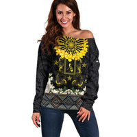 Flores de Mayo and Filipino Fiesta Off Shoulder Sweater The Sun-Jasmine and Polynesian Yakan Tattoo Barong Style