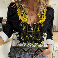 Flores de Mayo and Filipino Fiesta Women Casual Shirt The Sun-Jasmine and Polynesian Yakan Tattoo Barong Style