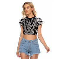 Aotearoa Tukutuku and Poutama Motif Classic Raglan Cropped T Shirt LT03 Female Gray - Polynesian Pride