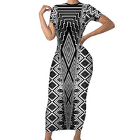 Aotearoa Tukutuku and Poutama Motif Classic Short Sleeve Bodycon Dress LT03 Long Dress Gray - Polynesian Pride