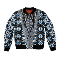 Blue Aotearoa Tukutuku and Poutama Motif Bomber Jacket