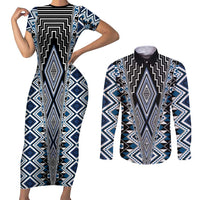 Blue Aotearoa Tukutuku and Poutama Motif Couples Matching Short Sleeve Bodycon Dress and Long Sleeve Button Shirt