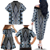 Blue Aotearoa Tukutuku and Poutama Motif Family Matching Off The Shoulder Long Sleeve Dress and Hawaiian Shirt