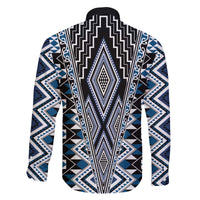 Blue Aotearoa Tukutuku and Poutama Motif Family Matching Off The Shoulder Long Sleeve Dress and Hawaiian Shirt