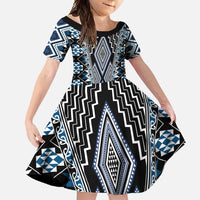 Blue Aotearoa Tukutuku and Poutama Motif Family Matching Tank Maxi Dress and Hawaiian Shirt