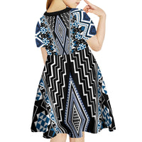 Blue Aotearoa Tukutuku and Poutama Motif Kid Short Sleeve Dress
