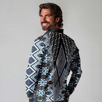 Blue Aotearoa Tukutuku and Poutama Motif Long Sleeve Polo Shirt