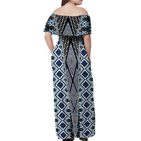 Blue Aotearoa Tukutuku and Poutama Motif Off Shoulder Maxi Dress LT03 - Polynesian Pride