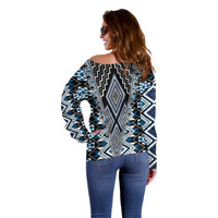 Blue Aotearoa Tukutuku and Poutama Motif Off Shoulder Sweater
