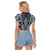 Blue Aotearoa Tukutuku and Poutama Motif Raglan Cropped T Shirt LT03 - Polynesian Pride