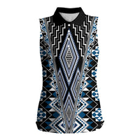 Blue Aotearoa Tukutuku and Poutama Motif Women Sleeveless Polo Shirt