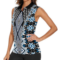 Blue Aotearoa Tukutuku and Poutama Motif Women Sleeveless Polo Shirt