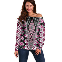 Pink Aotearoa Tukutuku and Poutama Motif Off Shoulder Sweater