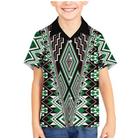 Green Aotearoa Tukutuku and Poutama Motif Family Matching Mermaid Dress and Hawaiian Shirt