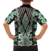 Green Aotearoa Tukutuku and Poutama Motif Family Matching Off Shoulder Short Dress and Hawaiian Shirt