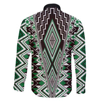 Green Aotearoa Tukutuku and Poutama Motif Family Matching Off Shoulder Short Dress and Hawaiian Shirt