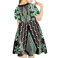 Green Aotearoa Tukutuku and Poutama Motif Kid Short Sleeve Dress