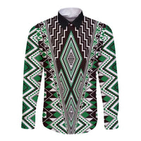Green Aotearoa Tukutuku and Poutama Motif Long Sleeve Button Shirt LT03 Unisex Green - Polynesian Pride