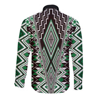 Green Aotearoa Tukutuku and Poutama Motif Long Sleeve Button Shirt LT03 - Polynesian Pride