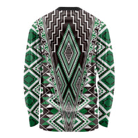 Green Aotearoa Tukutuku and Poutama Motif Long Sleeve Shirt LT03 - Polynesian Pride
