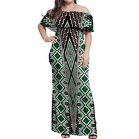Green Aotearoa Tukutuku and Poutama Motif Off Shoulder Maxi Dress LT03 Women Green - Polynesian Pride