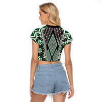 Green Aotearoa Tukutuku and Poutama Motif Raglan Cropped T Shirt LT03 - Polynesian Pride