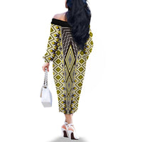 Yellow Aotearoa Tukutuku and Poutama Motif Family Matching Off The Shoulder Long Sleeve Dress and Hawaiian Shirt