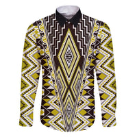 Yellow Aotearoa Tukutuku and Poutama Motif Family Matching Puletasi and Hawaiian Shirt