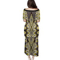 Yellow Aotearoa Tukutuku and Poutama Motif Family Matching Puletasi and Hawaiian Shirt