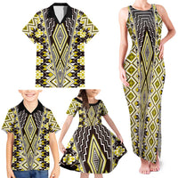 Yellow Aotearoa Tukutuku and Poutama Motif Family Matching Tank Maxi Dress and Hawaiian Shirt
