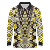 Yellow Aotearoa Tukutuku and Poutama Motif Long Sleeve Polo Shirt